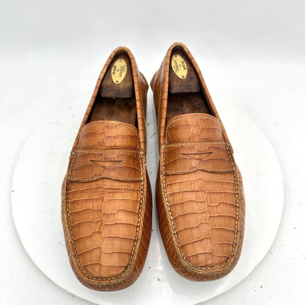 Prada Men Size 8 Brown Faux Crocodile Leather Slip On Penny Loafer Dress Shoes - Picture 1 of 13